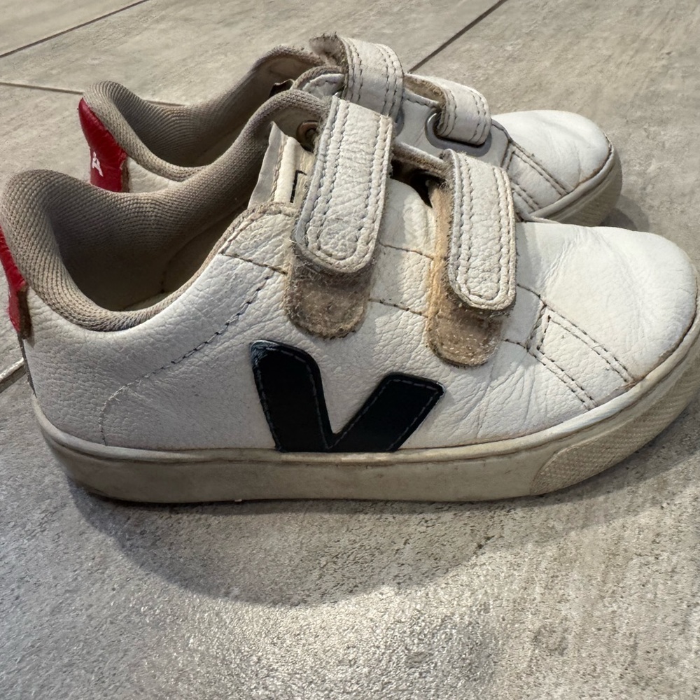 Veja White leather with red and navy blue with Velcro Straps